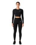 Women's Athletic 2-Piece Compression Set, Black Long Sleeve Lycra Spandex Crop Top with High Waist Leggings, Performance Stretch Fabric, Athletic Fit, Quick Dry, Gym wear