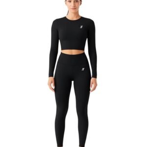 Women's Athletic 2-Piece Compression Set, Black Long Sleeve Lycra Spandex Crop Top with High Waist Leggings, Performance Stretch Fabric, Athletic Fit, Quick Dry, Gym wear
