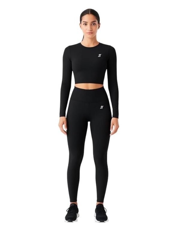 Women's Athletic 2-Piece Compression Set, Black Long Sleeve Lycra Spandex Crop Top with High Waist Leggings, Performance Stretch Fabric, Athletic Fit, Quick Dry, Gym wear