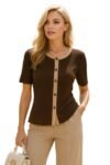 Women's Ribbed Button-Front Top, Short Sleeve, Classic Fit, Available in White, Navy, Brown,Black