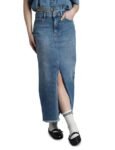 INKD Women's Denim Skirt - Midi Skirt with Front Slit | Long Straight Fit Skirt for Women | Skirt for Woman