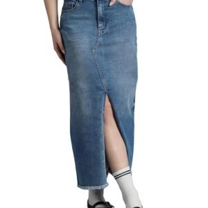 INKD Women's Denim Skirt - Midi Skirt with Front Slit | Long Straight Fit Skirt for Women | Skirt for Woman