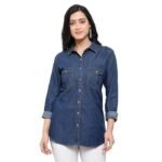 Women's Denim Shirt with Regular Fit Solid Pattern Long Sleeve Collared Neck and Button Down Closure|Women's Denim Shirt