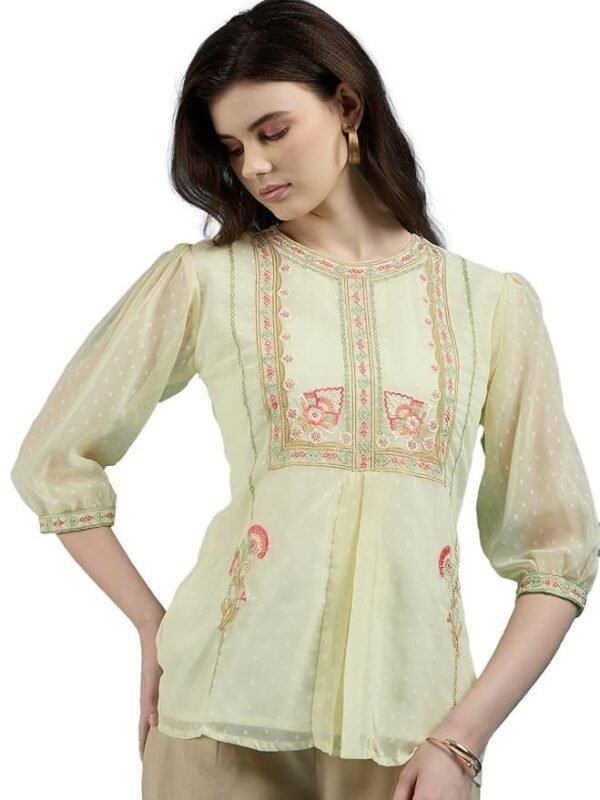 ALL YOURS Women's Chiffon Dobby Floral Embroidered Round Neck Puff Sleeve Top A-line Top| Tops for Women Embroidery Tops for Women