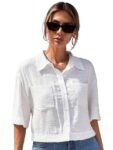 TOPLOT V-Collar Solid Crop Shirt for Women with Half Sleeves