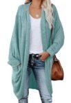 ZoeAce Womens Open Front Knit Cardigan Long Batwing Sleeve Oversized Sweater Chunky Waffle Cable Boho Pockets Coat, Cyan, Large