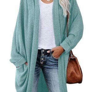 ZoeAce Womens Open Front Knit Cardigan Long Batwing Sleeve Oversized Sweater Chunky Waffle Cable Boho Pockets Coat, Cyan, Large