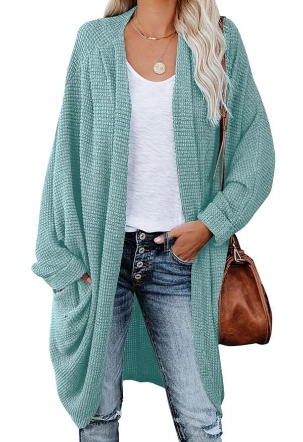 ZoeAce Womens Open Front Knit Cardigan Long Batwing Sleeve Oversized Sweater Chunky Waffle Cable Boho Pockets Coat, Cyan, Large