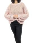 Oversized Open Knit Sweater, Balloon Sleeves, Pink, Chunky Crochet Pattern Size S to M.