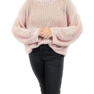 Oversized Open Knit Sweater, Balloon Sleeves, Pink, Chunky Crochet Pattern Size S to M.