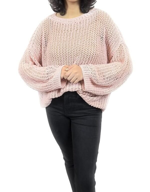 Oversized Open Knit Sweater, Balloon Sleeves, Pink, Chunky Crochet Pattern Size S to M.