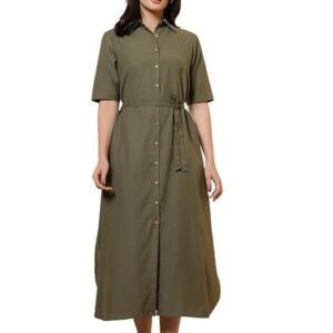 Women's Regular Fit Button Closure Belted Linen Opaque Shirt Midi Dress