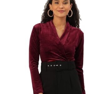 Anvi Be Yourself Women's Solid V Neck Long Sleeve Velvet Wrap Bodysuit || One Piece Full Sleeve Wrap Body Suit for Women || Women Velvet Wrap Style Top Casual Bodysuit with Button Closure