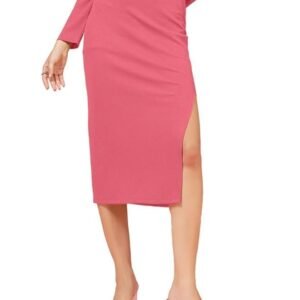 OOMPH! Ribbed Lycra Pencil Skirt with Side Slit for Women