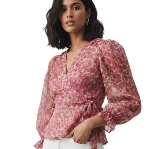 Anvi Be Yourself Women Floral Printed V Neck Long Puff Sleeve Waist Tie-ups Wrap Top