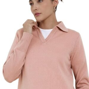 FableStreet Women Sweater Casual | V-Neck Polo Collar Design with Long Sleeves & Ribbed Hem | Solid Pattern Acrylic Knit Fabric for Comfort & Layering