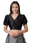 Women's Girls Satin Puff Sleeve Solid V-Neck Crop Top Blouse for Party Wedding Festive