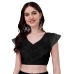 Pujia Mills Women's V Neck Orgenza Three Layer Ruffle Sleeve Frill Readymade Saree Blouse