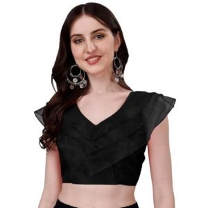 Pujia Mills Women's V Neck Orgenza Three Layer Ruffle Sleeve Frill Readymade Saree Blouse