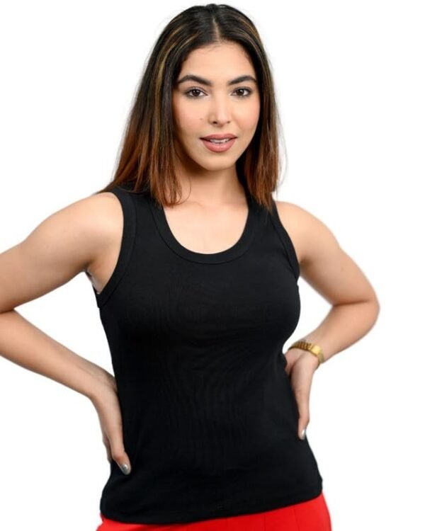 Mlada Cotton Ribbed Knit Tops for Women with Non Transparent Fabric | Stretchable Rib Knitted Sleeveless Racerback Tank Top with Crew Neck | Fitted Rib Knitted Cropped Vest Top