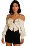 MYSTIFY®Elegant Satin Bow Crop Top with Crystal Brooch, Long Sleeve, Stylish Top for Women