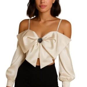 MYSTIFY®Elegant Satin Bow Crop Top with Crystal Brooch, Long Sleeve, Stylish Top for Women