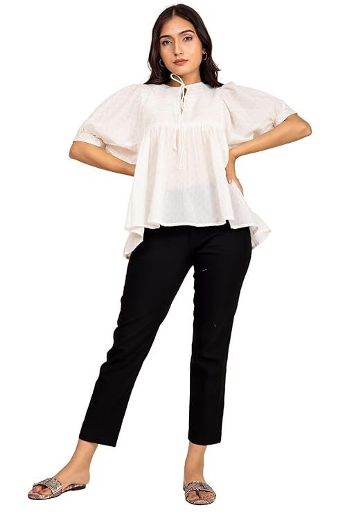 Women's Cotton Boho Blouse Solid White Flowy Peasant Top with Puff Sleeves & Tie-Neck