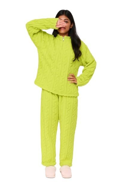 Women Winter Home Wear Fleece Night Suit Short Zipper Full Sleeve (Parrot Green)