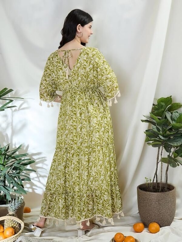 DRAPE AND DAZZLE Boho Floral Print Maxi Dress V-Neck with Lace Trim 3/4 Sleeves Olive Green &White