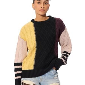 The Souled Store Chunky Knit Sweater: Carolina Women and Girls Long Sleeves Round Neck Multicolored Color Blocked Acrylic Oversized Sweaters