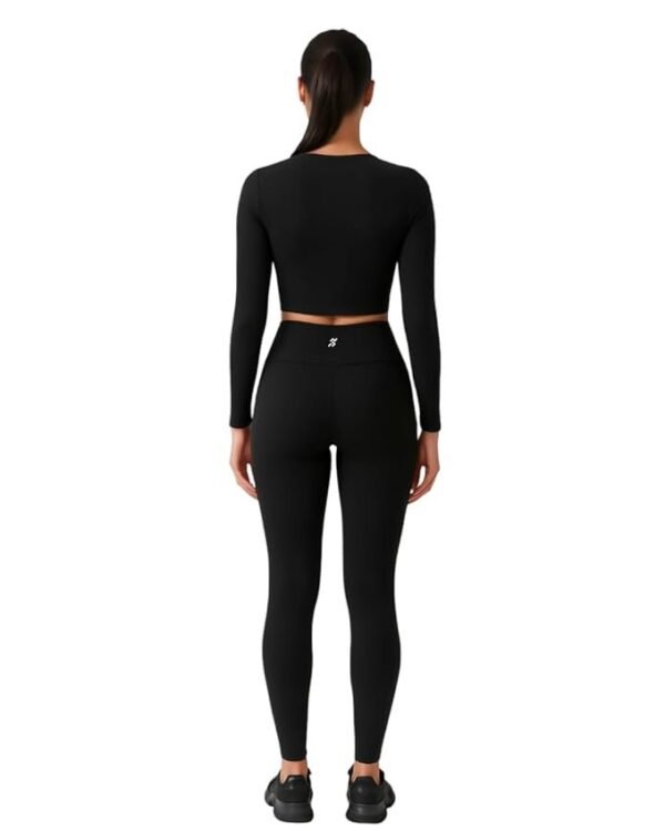 Women's Athletic 2-Piece Compression Set, Black Long Sleeve Lycra Spandex Crop Top with High Waist Leggings, Performance Stretch Fabric, Athletic Fit, Quick Dry, Gym wear