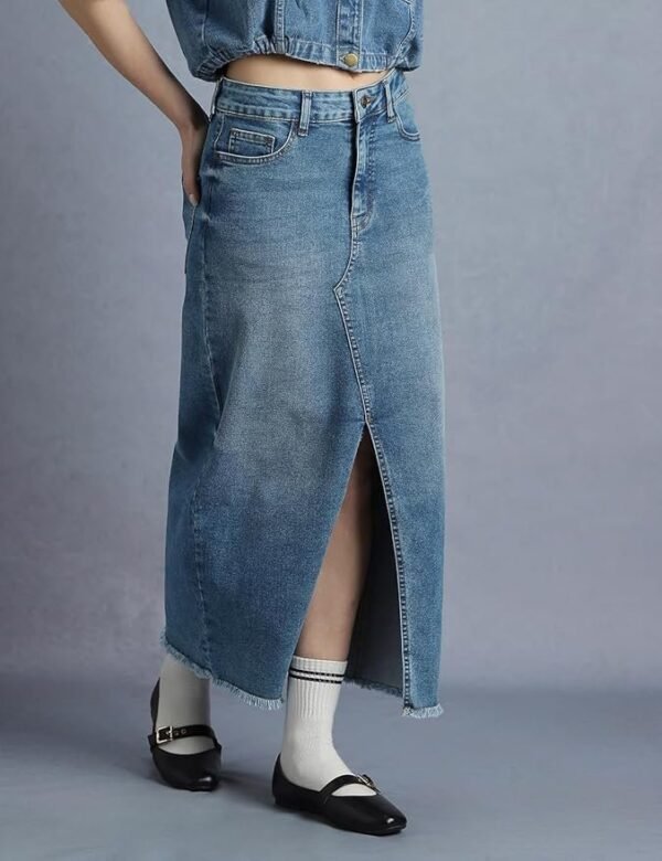 INKD Women's Denim Skirt - Midi Skirt with Front Slit | Long Straight Fit Skirt for Women | Skirt for Woman