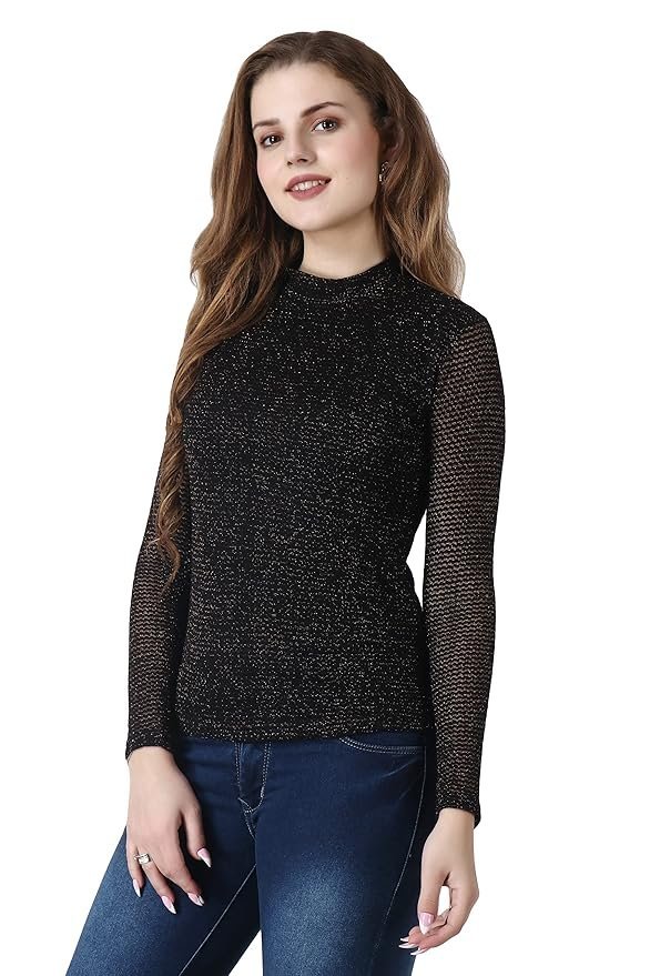 POPWINGS Casual Black-Golden Shimmer Net Top for Women || Full-Sleeves Halter-Neck Women Top for Summer