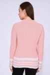 Women's Pink Ribbed Cardigan with Floral Embroidery, Button Front, Long Sleeve, Striped Hem Detail
