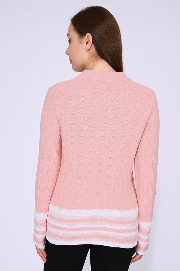 Women's Pink Ribbed Cardigan with Floral Embroidery, Button Front, Long Sleeve, Striped Hem Detail
