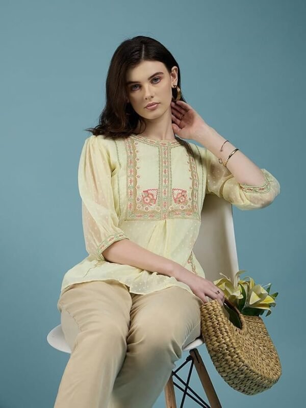 ALL YOURS Women's Chiffon Dobby Floral Embroidered Round Neck Puff Sleeve Top A-line Top| Tops for Women Embroidery Tops for Women