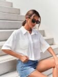 TOPLOT V-Collar Solid Crop Shirt for Women with Half Sleeves