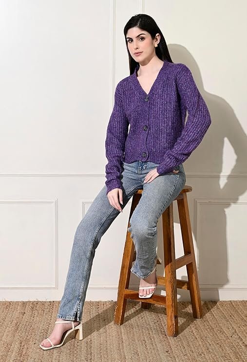 Cable Knit Cropped Cardigan,Front Open,Long Sleeve (in, Alpha, L, Regular, PERPEL)