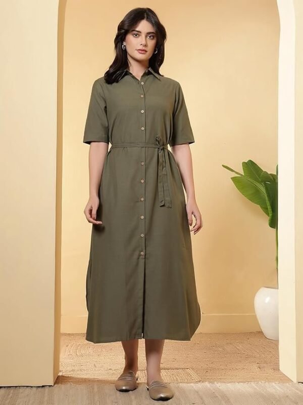 Women's Regular Fit Button Closure Belted Linen Opaque Shirt Midi Dress