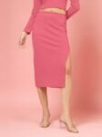 OOMPH! Ribbed Lycra Pencil Skirt with Side Slit for Women