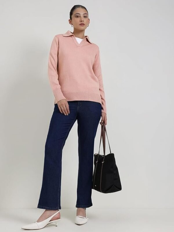 FableStreet Women Sweater Casual | V-Neck Polo Collar Design with Long Sleeves & Ribbed Hem | Solid Pattern Acrylic Knit Fabric for Comfort & Layering