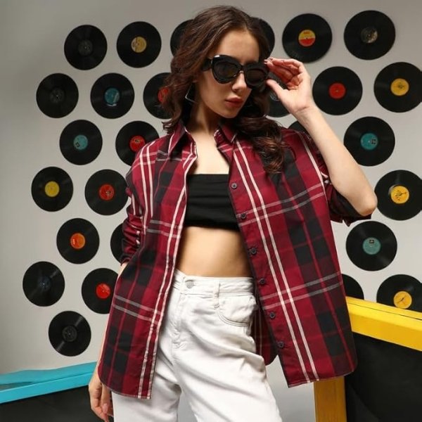 Campus Sutra Women's Polyester Blend Oversized Fit Shirt Buffalo-Check for Casual Wear | Spread Collar | Long Sleeves | Button Closure | Oversized Shirt Crafted with Comfort Fit for Everyday Wear