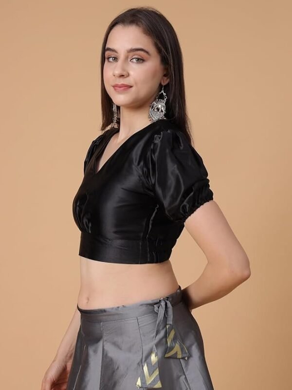 Women's Girls Satin Puff Sleeve Solid V-Neck Crop Top Blouse for Party Wedding Festive