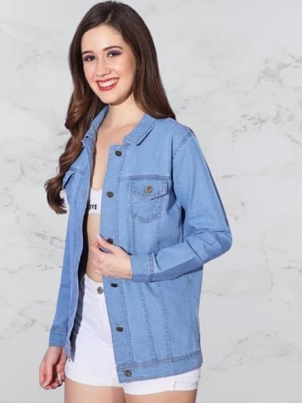 Women's Oversized Blue Denim Jacket, Long Sleeve, Button Front, Classic Casual Style