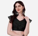 Pujia Mills Women's V Neck Orgenza Three Layer Ruffle Sleeve Frill Readymade Saree Blouse