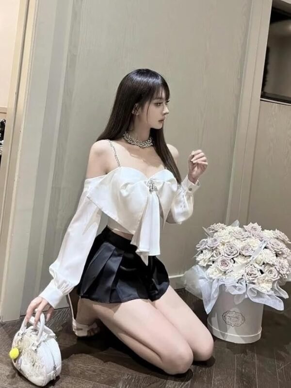 MYSTIFY®Elegant Satin Bow Crop Top with Crystal Brooch, Long Sleeve, Stylish Top for Women