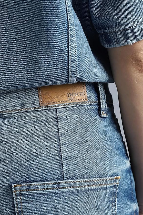 INKD Women's Denim Skirt - Midi Skirt with Front Slit | Long Straight Fit Skirt for Women | Skirt for Woman