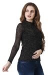 POPWINGS Casual Black-Golden Shimmer Net Top for Women || Full-Sleeves Halter-Neck Women Top for Summer