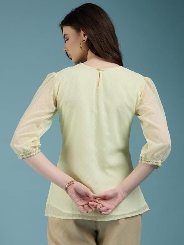 ALL YOURS Women's Chiffon Dobby Floral Embroidered Round Neck Puff Sleeve Top A-line Top| Tops for Women Embroidery Tops for Women