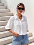 TOPLOT V-Collar Solid Crop Shirt for Women with Half Sleeves